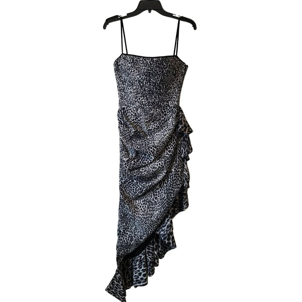 Rasario Black Gray Leopard Print Ruched Bodycon Cocktail Dress - Picture 3 of 13